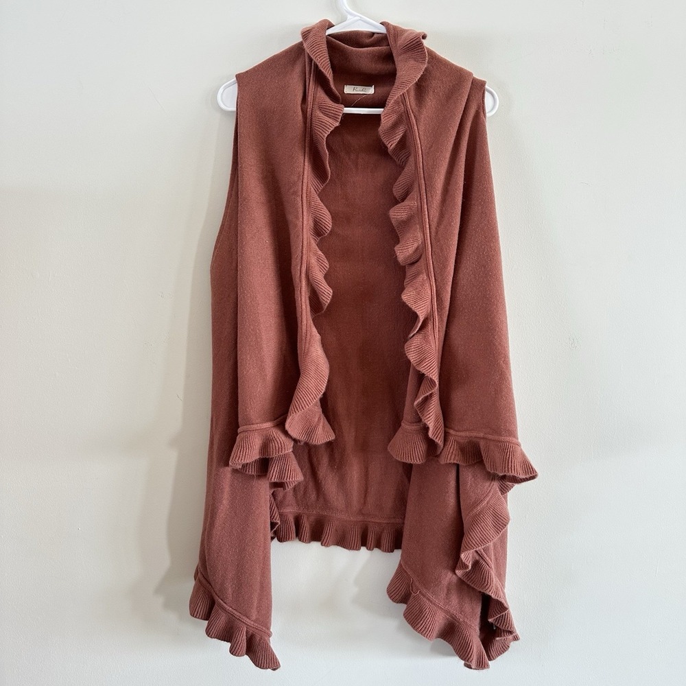Riah Fashion Women's Long Ruffled Cardigan Sweater Vest Pink One Size M-L